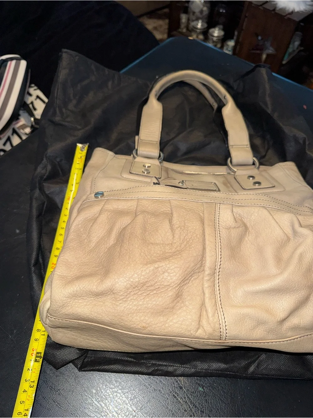 b. makowsky Cream Leather Shoulder Tote with Front Pleats